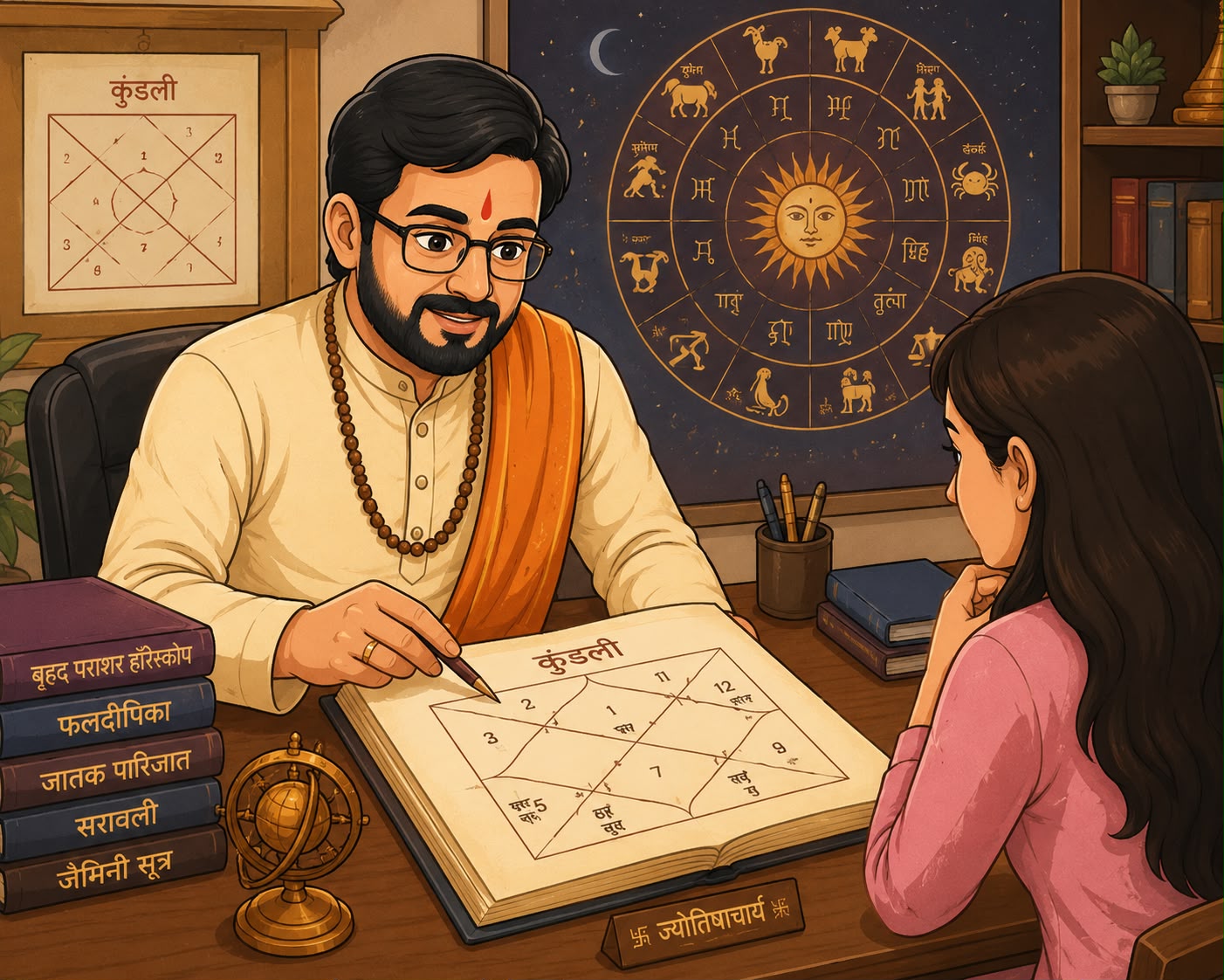 Astrologer reading a Hindu astrology text